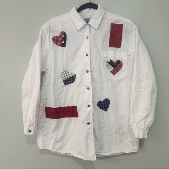 Lee Tops - Vintage Authentic Lee Button Front Shirt Patriotic USA Hearts Flag Size Medium